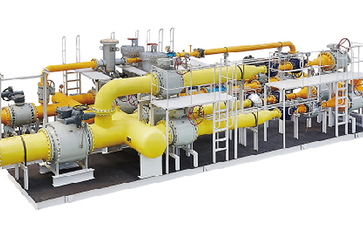 Integrated gas skid package showing valves, piping, supports and instruments